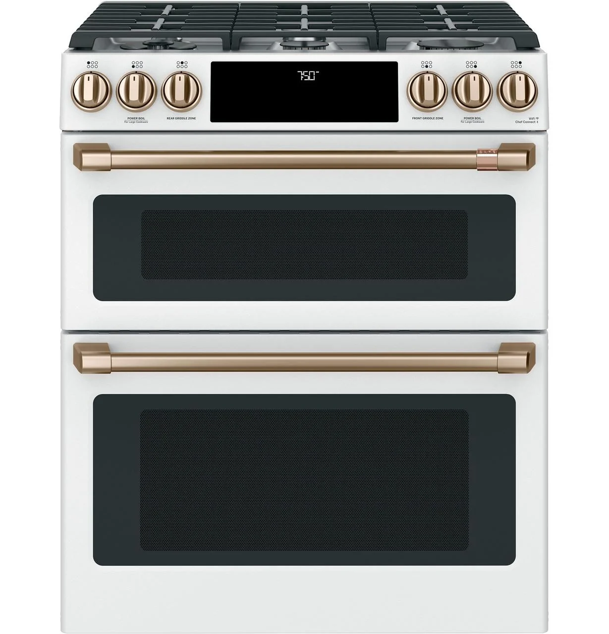 Cafe CGS750P4MW2 CAF(EBACK)™ 30" Smart Slide-In, Front-Control, Gas Double-Oven Range with Convection
