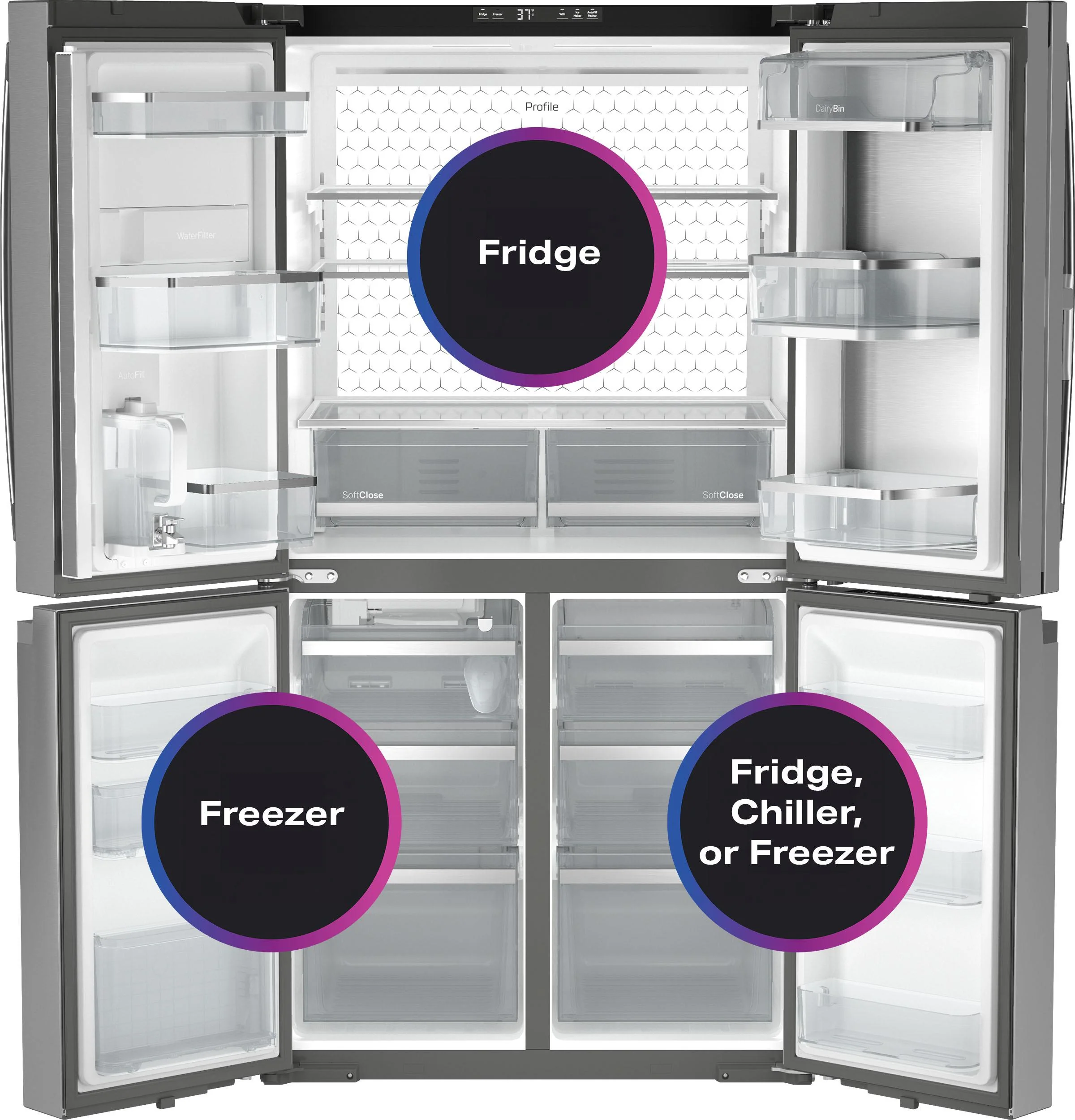 PHD23BYWFS GE Profile™ ENERGY STAR® 22.9 Cu. Ft. Counter-Depth Quad-Door Refrigerator with Dual-Dispense AutoFill Pitcher and Door in Door - Image 3