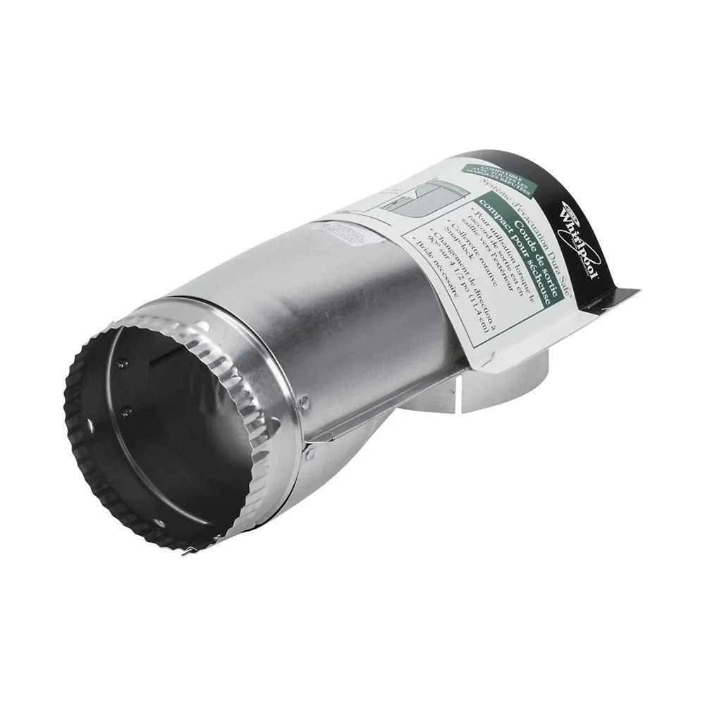 Kitchenaid 4396004 4.5" Silver Dryer Exhaust Duct with 90-degree elbow, 1 male inlet connection, snap-lock fittings, and rotating collars