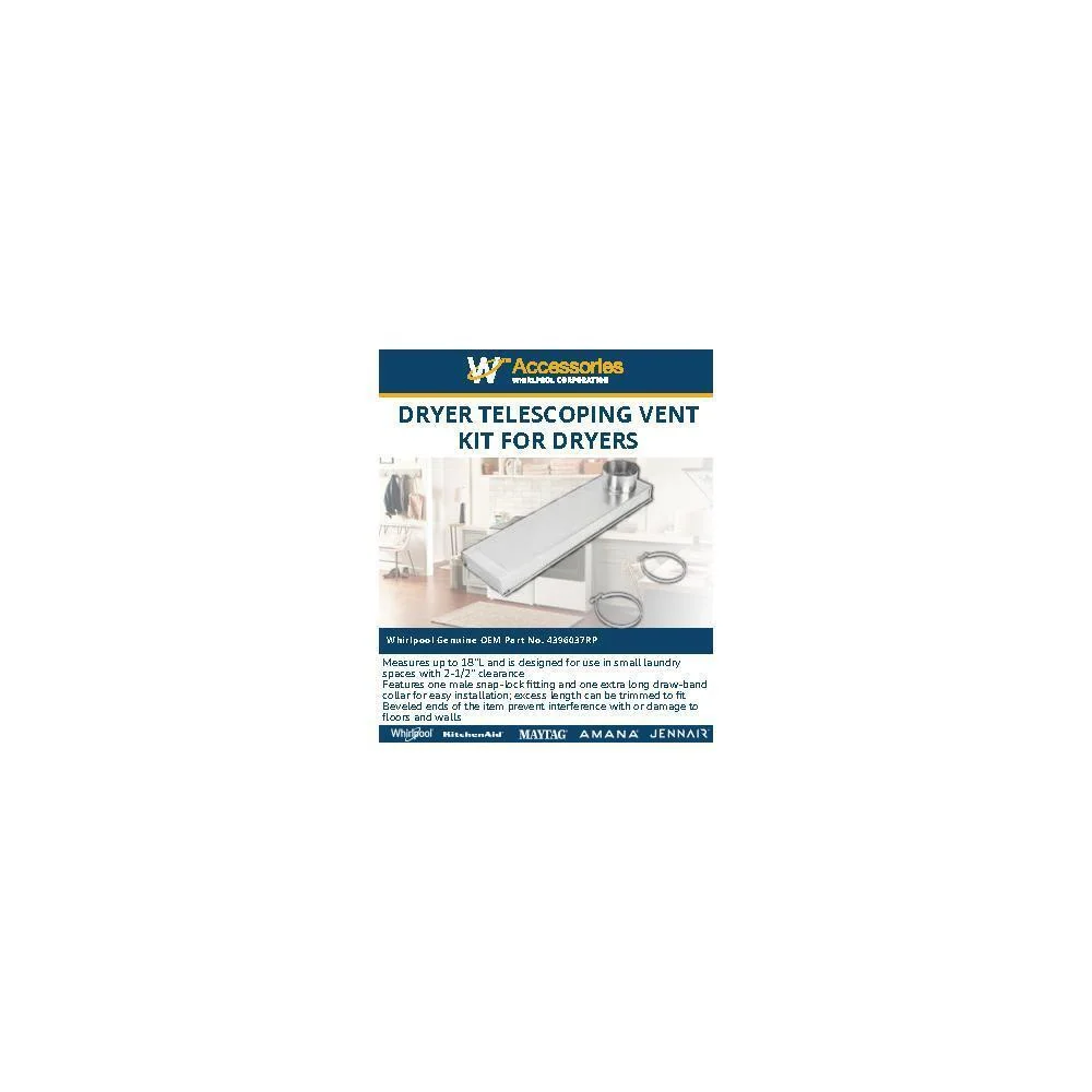 Kitchenaid 4396037RP 0"-18" Dryer Telescoping Vent Periscope for 2.5" clearance, with 1 male snap-lock fitting, draw-band collar & 2 clamps. - Image 6