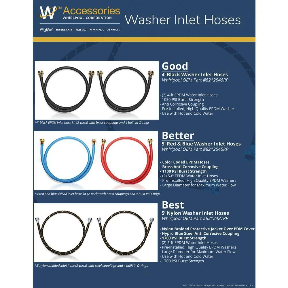 Kitchenaid 8212487RP 5' Braided washer fill hoses with 2 female connections - 2 pack - Image 4