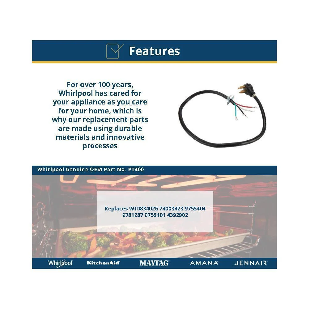 Kitchenaid PT400 4' Electric Range Power Cord 4 Wire 40 Amp Right Angle Plug - Image 2