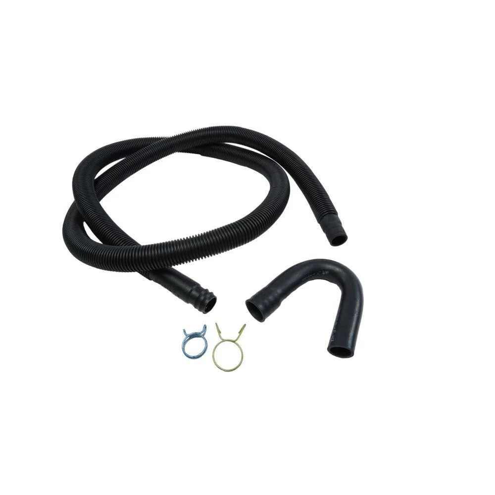 Maytag 285666 8' Black washer drain hose with molded and straight plastic fittings, U-shape rubber nozzle, and spring clamp - 1 pack