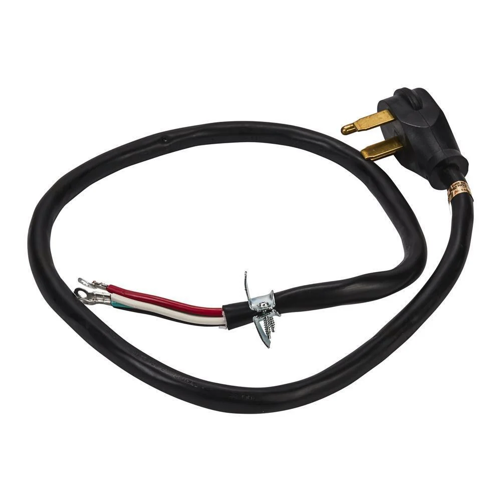 Whirlpool 8171394RC 4' 4-Wire Range Power Cord, rated 40 A, with 4-wire, 4-ring terminal connectors, and right-angle 4-prong plug